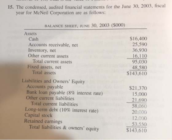 15. The condensed, audited financial statements for the June 30, 2003, fiscal year for McNeil Corporation are as follows: BAL