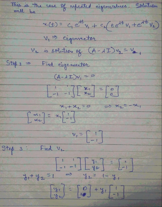 This is the case will be of repeated eigenvalues. Solution V2 r(t) = C, et , + c(textu, tentu v eiginnector Ve is solution of