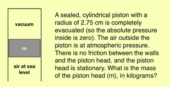 vacuum A sealed, cylindrical piston with a radius of 2.75 cm is completely evacuated (so the absolute pressure inside is zero
