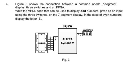 Figure 3 shows the connection between a common anode 7-segment display, three switches and an FPGA. Write the VHDL code that