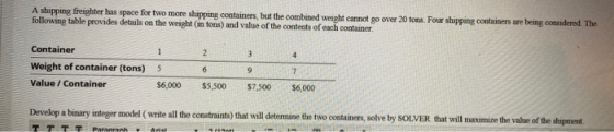 A shipping freighter has space for two more shipping containers, but the combined weight cannot go over 20 tons Four shipping