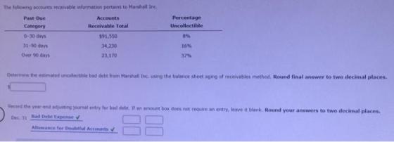 The following accounts receivable information pertains to Marshall Inc. Past-Due Accounts Category Receivable Total 0-30 days