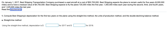 On January 1, 2017, Best Shipping Transportation Company purchased a used aircraft at a cost of $50,700,000. Best Shipping ex