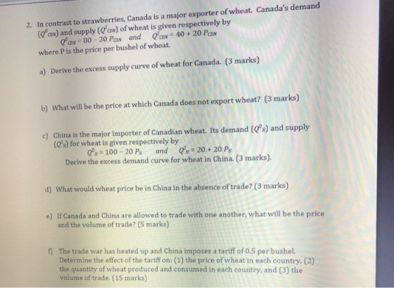 2. In contrast to strawberries, Canada is a major exporter of wheat. Canadas demand (Qc) and supply (SCN) of wheat is given