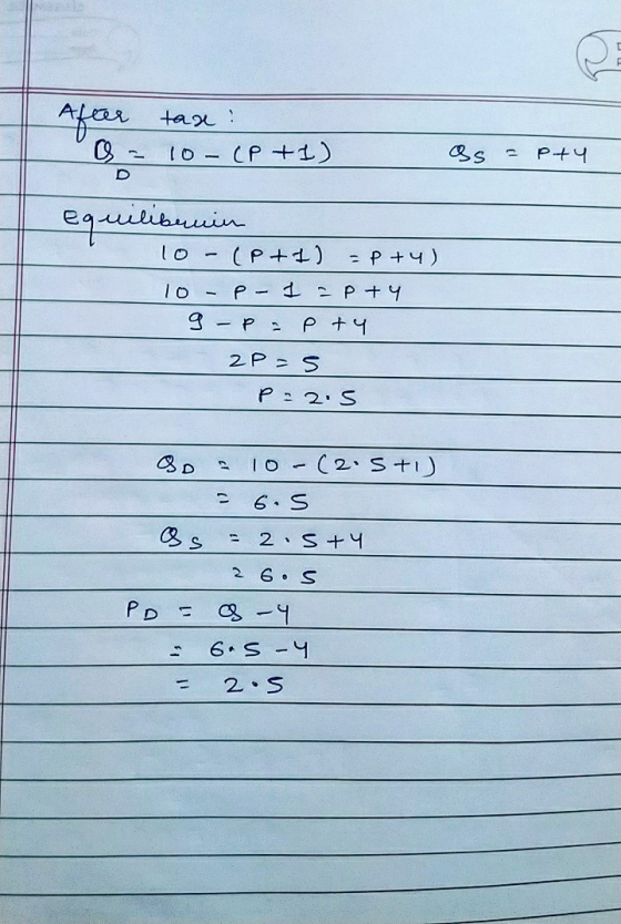 After - taxe: 10- (P +1) as = pty equilibruin lo - (p + 1) = P +4) 10 - 1 apty 9 - P - o ty 2Pas P-2 .5 Ao – 10- (2.5+1) = 6.