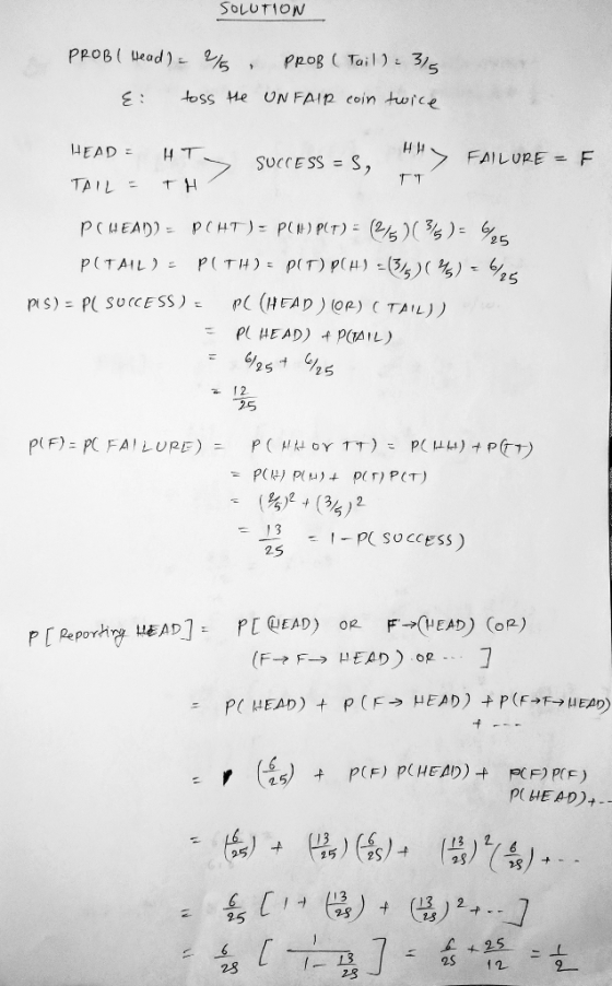 SOLUTION E、 toss He UN FAIp coin tute 25 s) - PU SOCCESS) (HEAD) (oe) C TAL)) 25 25 13 25 p( Success) nǐnguEAD]: p [@EAD) F. →(u EAD) (oR) OR 6 23t (13 2 2S 23
