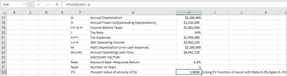 H28 X f C D E =PV(H26,H27,-1) F Annual Depreciation Annual Fixed Cost(excluding Depreciation) I=F-G-H Income Before Taxes Tax