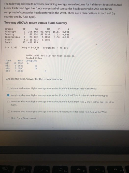 The following are results of study examining average annual returns for 4 different types of mutual funds. Each fund type has funds comprised of companies headquartered in Asia and funds comprised of companies headquartered in the West. There are 2 observations in each cell (by country and by fund type) Two-way ANOVA: return versus Fund, Country Source DF MS FundType Country Interaction 3 27.042 9.0139 1.58 0.268 Error Total 3 266.342 88.7806 15.61 0.001 169.514 69.5139 1.22 0.088 8 45.5115.6889 15 408.409 S-2.385 R-Sq- 88.86% R-Sq (adj) -79.11. Individual 95% CI, For Mean Based on Pooled StDev Fund Mean Grouping mf 16.0000 mt2 9.6625 m£4 9.5000 mt3 4.5000 Choose the best Answer for the recommendation O Investors who want higher average returns should prefer funds from Asia vs the West O Investors who want higher average returns should prefer fund Type 3 rather than the other types O Investors who want higher average returns should prefer funds from Type 2 and 4 rather than the other types Investors who want higher average returns should not pay more for funds from Asia vs the West Both C and D are correct