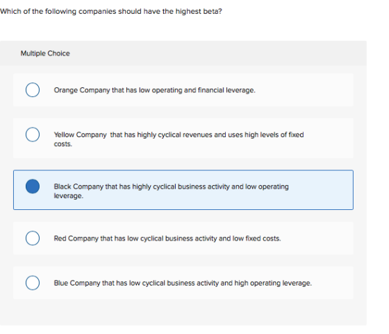 Which of the following companies should have the highest beta? Multiple Choice Orange Company that has low operating and fina