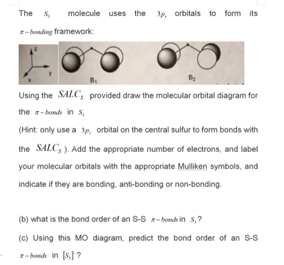 the 3p, orbitals to form its The S molecule uses 1-bonding framework: Using the SALCs provided draw the molecular orbital dia