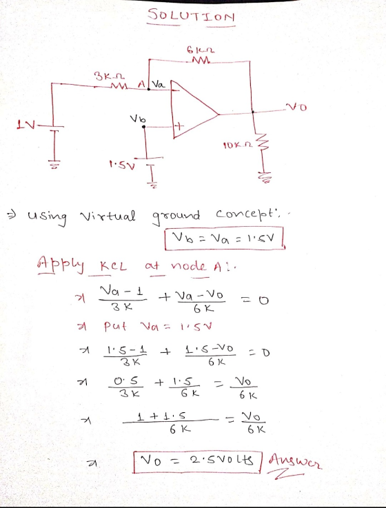SOLUTION 3kan A Van Vb 90kn SVI > using virtual ground concept, | Vb = va=lisv otpply KCL at node Al. a Vans + VacVO = 0 a p