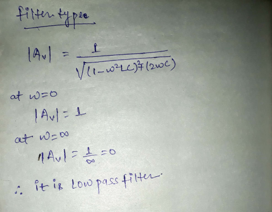 filter types TAn= 1 VC-W2LC) (2we) at w=0 Aut=1 at w=0 And=2=0 s. it is low pass filter.