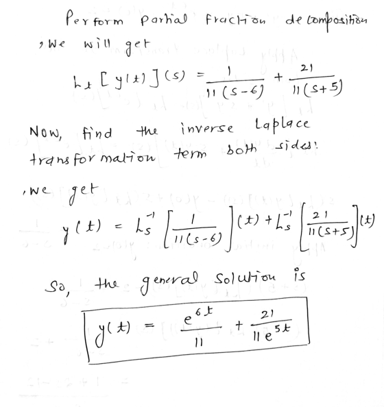 Perform partial fraction de composition will get 9 We 2) + ht[ylt) ] (s) 11 (5-6) 11 (5+5) Now, inverse find the transfor mat