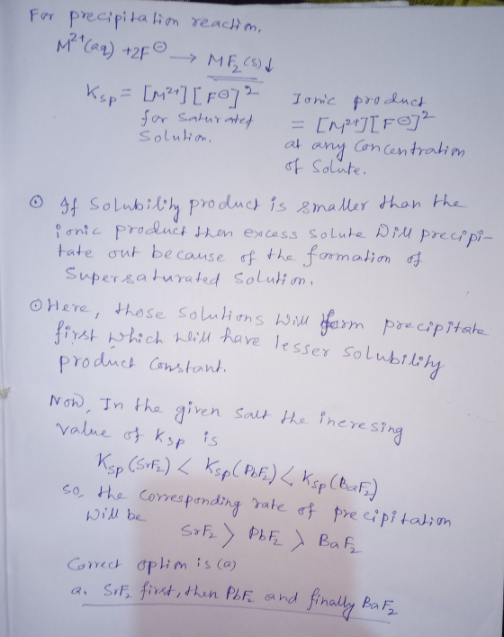 For precipitation reaction, M² + (aq) + 2F M F (8) = [+2+] [F]2 Ksp - [M2+] [ro] Ionic product for saturated solution at any