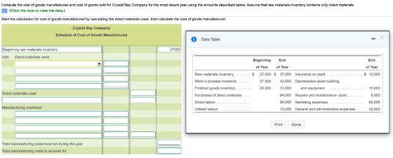 Compute the cost of goods manufactured and cost of goods sold for Crystal Bay Company for the most recent year using the amou