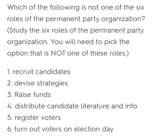 Which of the following is not one of the six roles of the permanent party organization? (Study the six roles of the permanent