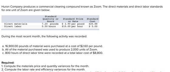 Huron Company produces a commercial cleaning compound known as Zoom. The direct materials and direct labor standards for one