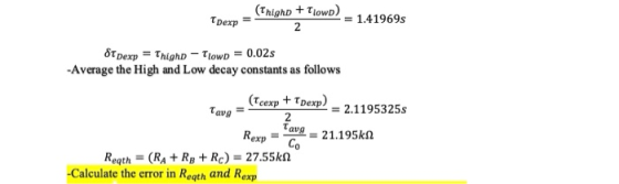 (ThighD + Tlow) Трехр = 1.41969 2 8t Dexp = ThighD – Tlowp = 0.02s -Average the High and Low decay constants as follows (Tcex