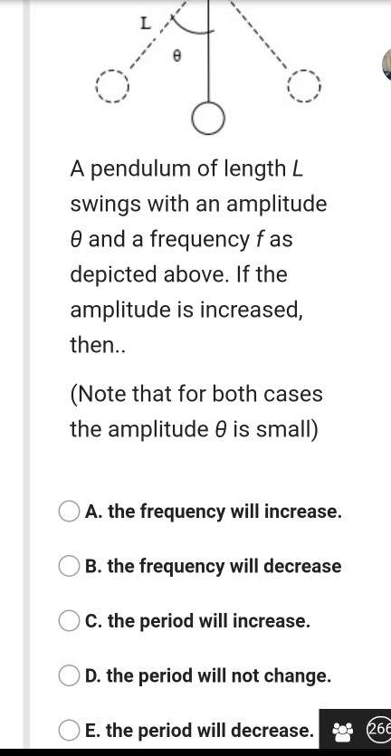 L A pendulum of length L swings with an amplitude and a frequency fas depicted above. If the amplitude is increased, then.. (