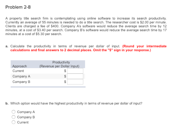 Problem 2-8 A property title search firm is contemplating using online software to increase its search productivity. Currently an average of 55 minutes is needed to do a title search. The researcher cost is $2.00 per minute. Clients are charged a fee of $400. Company As software would reduce the average search time by 12 minutes, at a cost of $3.40 per search. Company Bs software would reduce the average search time by 17 minutes at a cost of $5.30 per search a. Calculate the productivity in terms of revenue per dollar of input. (Round your intermediate calculations and final answers to 2 decimal places. Omit the $ sign in your response.) Productivity (Revenue per Dollar Input Approach Current Company A Company B . wicn opicn woud hano r dingun CompanyA Company B O Current