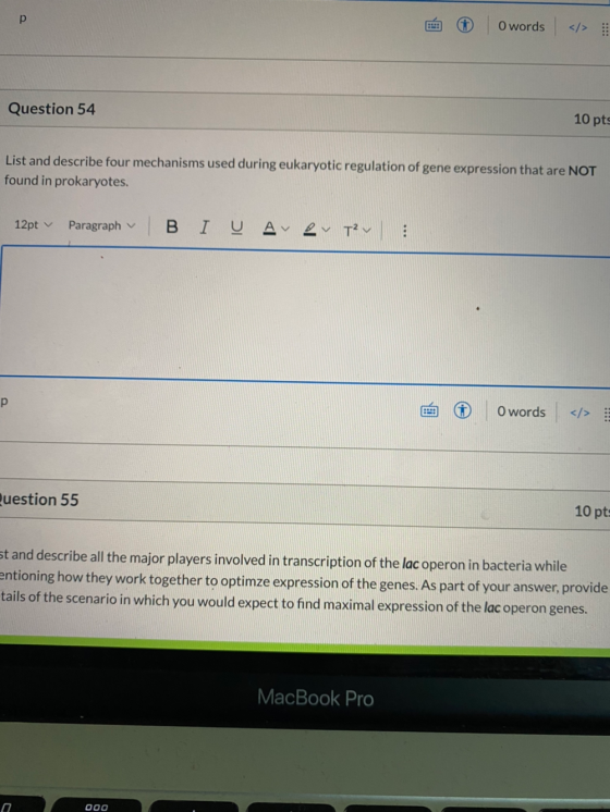 p O words Question 54 10 pts List and describe four mechanisms used during eukaryotic regulation of gene expression that are