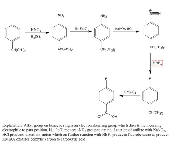 NEN NO HNO3 H2, Pd/C NaNO2, HCI 0=6-8- H2SO4 CH(CH3)2 CH(CH3)2 CH(CH3)2 CH(CH3)2 HBE KMnO4 CH(CH3)2 o1 он Explanation: Alkyl