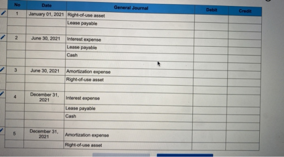 No Date General Journal Debit Credit 1 January 01, 2021 Right-of-use asset Lease payable 2 June 30, 2021 Interest expense Lea