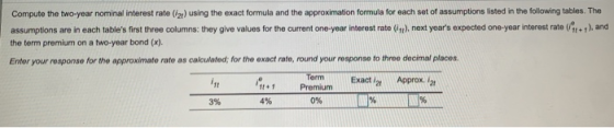 Compute the two-year nominal interest rate (12) using the exact formula and the approximation formula for each set of assumpt