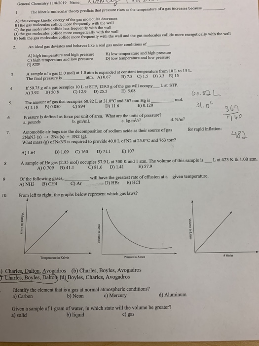General Chemistry 11/8/2019 Name:NUNLOP 10 1 The kinetic molecular theory predicts that pressure rises as the temperature of