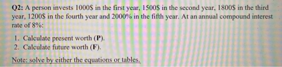 Q2: A person invests 1000$ in the first year, 1500$ in the second year, 1800$ in the third year, 1200$ in the fourth year and