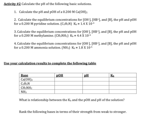 Activity #2 Calculate the pH of the following basic solutions. 1. Calculate the pH and pOH of a 0.200 M Ca(OH)2 2. Calculate