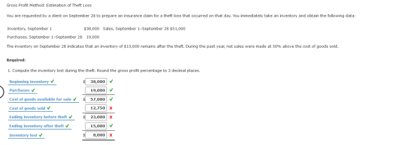 Gross Profit Method: Estimation of Theft Loss You are requested by a client on September 28 to prepare an insurance claim for
