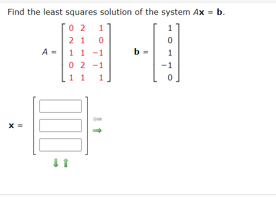 Find the least squares solution of the system Ax = b. 1 1 0 A = 02 2 1 0 1 1 - 1 0 2 -1 1 1 b = 1 -1 0 1 X = IT