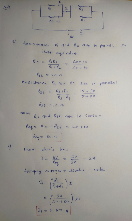 1 Solh RI I R3 R2 I2 Rn 1 AV a) so Resistance R and R2 are in parallel their equivalent R12 = RIR Gox 30 RTR2 Go+30 are in pa