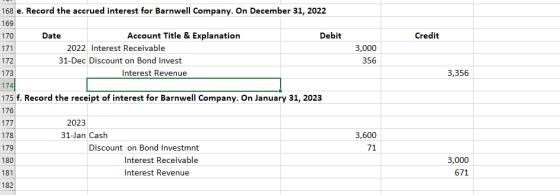 168 e. Record the accrued interest for Barnwell Company. On December 31, 2022 169 170 Debit Credit 171 Date Account Title & E