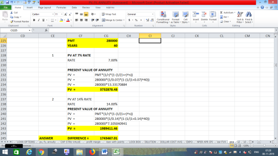 PV, FV, ANNUITY (Autosaved) Microsoft Excel (Product Activation Failed) File Home Insert Page Layout Formulas Data Review Vie