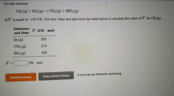 For the reaction CS2(g) + 302 (9) + CO2(g) + 2802 (9) AS is equal to -143 J/K. Use this value and data from the table below t