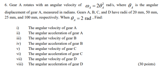 6. Gear A rotates with an angular velocity of 0,= 20 rad/s, where , is the angular displacement of gear A, measured in radian