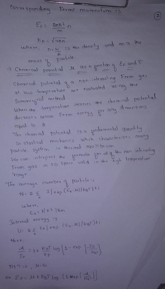 eOTTespanding Ferm momentum S Er nh2 where, s the dlensrty and ms the A patele Chem: cal pojent al mass EP and T as a anon in