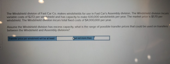 The Windshield division of Fast Car Co. makes windshields for use in Fast Cars Assembly division. The Windshield division in