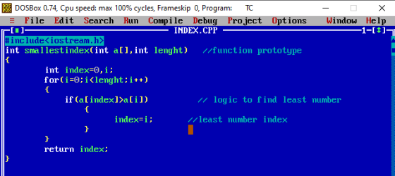 DOS BOX 1 DOSBox 0.74, Cpu speed: max 100% cycles, Frameskip 0, Program: TC File Edit Search Run Compile Debug Project Option