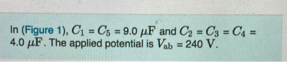 In (Figure 1), C1 = C5 = 9.0 uF and C2 = C3 = C4 = 4.0 pF. The applied potential is Vab = 240 V.