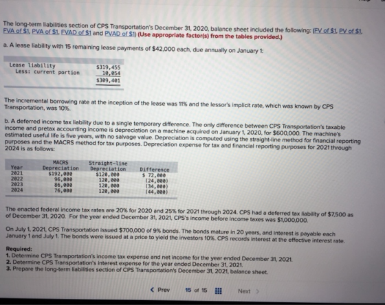 The long-term liabilities section of CPS Transportations December 31, 2020. balance sheet included the following: (EV of $1.