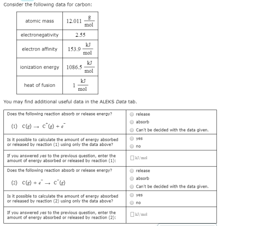 Consider the following data for carbon: atomic mass 12.011 mol electronegativity 2.55 electron affinity mol KT ionization ene