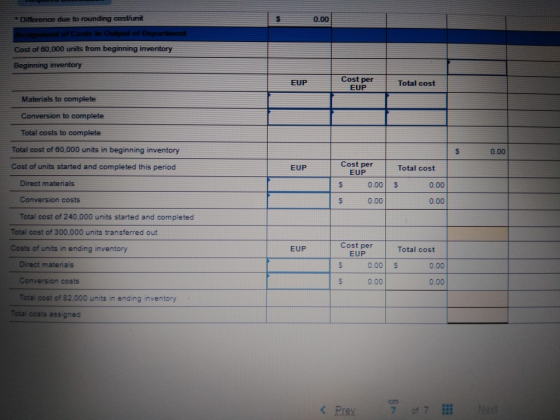 O DO • Difference due to rounding cost/unit Cost to Output of Department Cost of 60,000 units from beginning inventory Beginn
