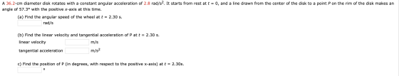 A 36.2-cm diameter disk rotates with a constant angular acceleration of 2.8 rad/s2. It starts from rest at t = 0, and a line