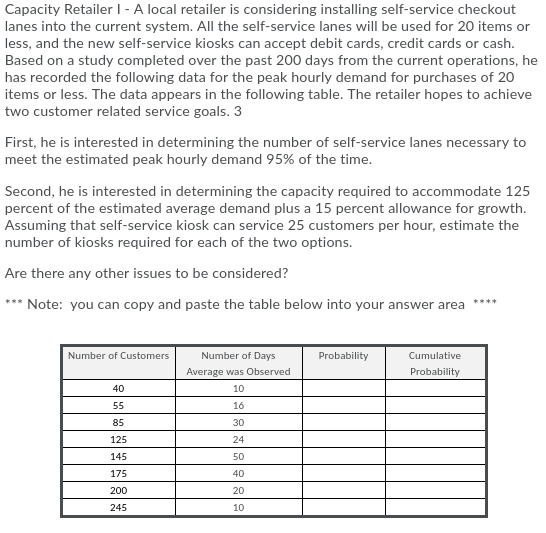 Capacity Retailer 1 - A local retailer is considering installing self-service checkout lanes into the current system. All the
