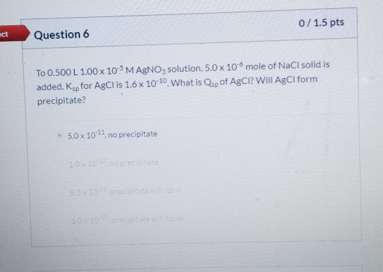 Question 6 0 / 1.5 pts To 0.500 L 1.00 x 10-MAgNO3 solution, 5.0 x 10-6 mole of NaCl solid is added. Ksp for AgCl is 1.6 x 10