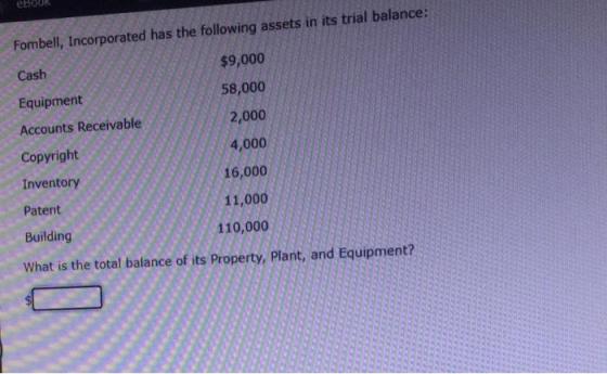 eBOUR Fombell, Incorporated has the following assets in its trial balance: Cash $9,000 Equipment 58,000 Accounts Receivable 2