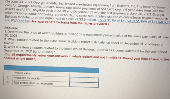 On June 30, 2021, Georgia-Atlantic, Inc. leased warehouse equipment from Builders, Inc. The lease agreement calls for Georgia